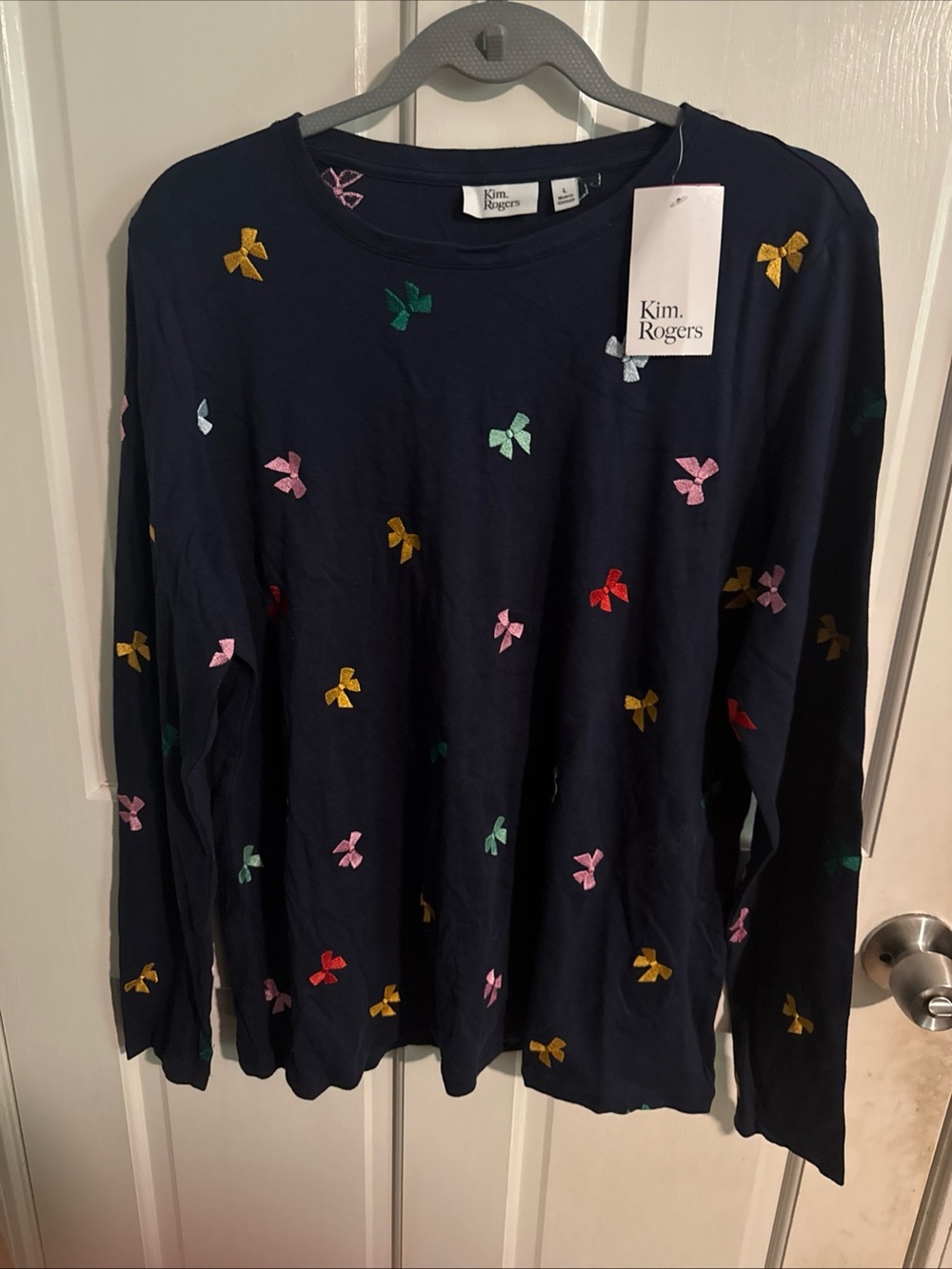 Kim Rogers Navy Long-Sleeve Top with Multicolor Embroidered Bows